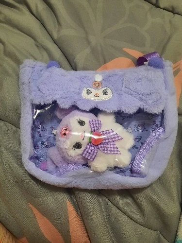 Bolso de hombro Kawaii de felpa de dibujos animados para niños Cinnamoroll Melody Kuromi Hello Kitty bolso cruzado con colgante de muñeca bonita transparente photo review