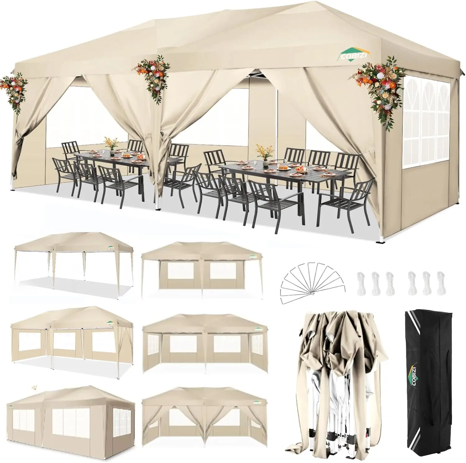 3x6m Folding Pavilion Waterproof Stable Party Tent with 6 Side Panels Pop-up Garden Canopy 3 Height Adjustable for Beach,Wedding