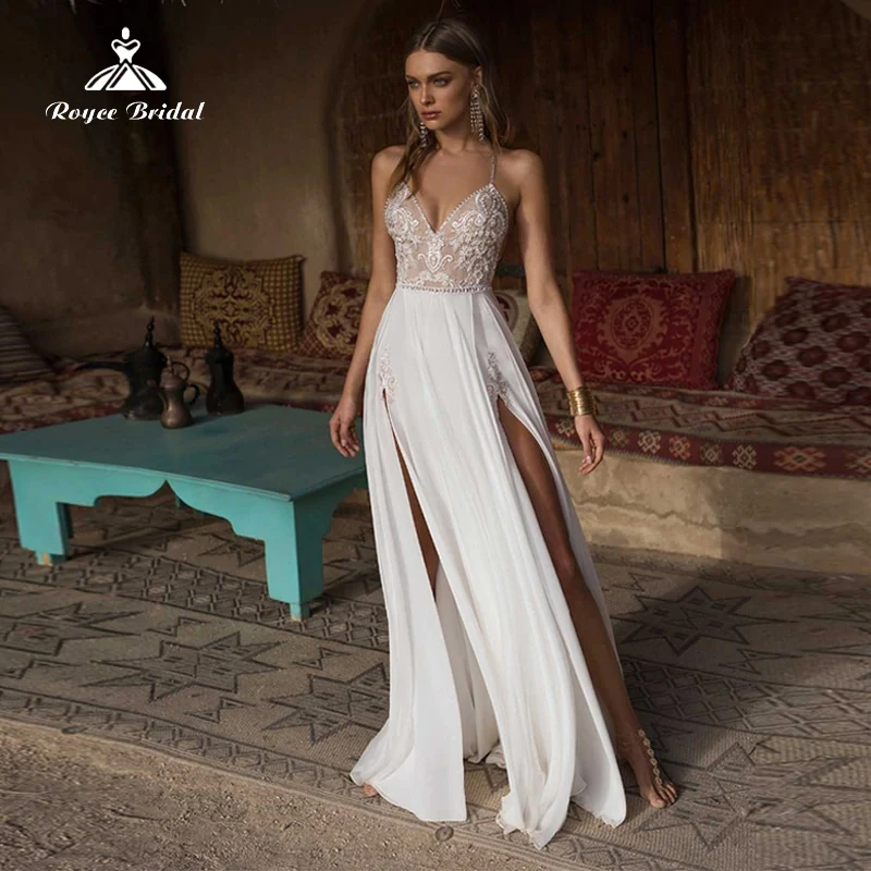 

Женское свадебное платье в стиле бохо, белое шифоновое платье А-силуэта с Боковым Разрезом, V-образным вырезом, кружевной наряд для невесты на бретелях