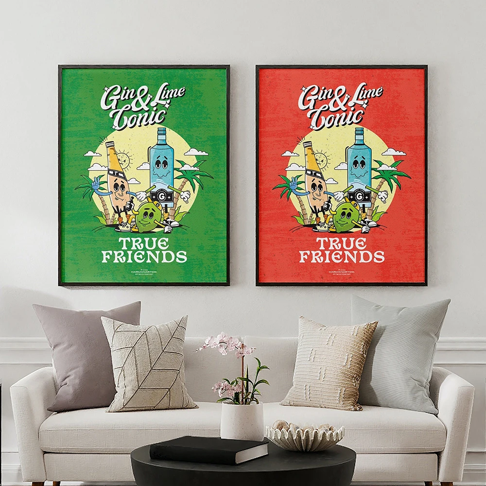 True Friends Series Retro Cocktail Drinks Poster Funny Gin Tonic Lime Canvas Painting Kitchen Wall Pictures For Bar Home Decor