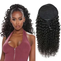 Extensions de queue de cheval bouclées vague profonde cordon queue de cheval pour les femmes noires cheveux humains avec pince en queue de cheval épaisse cheveux naturels # 1B 1