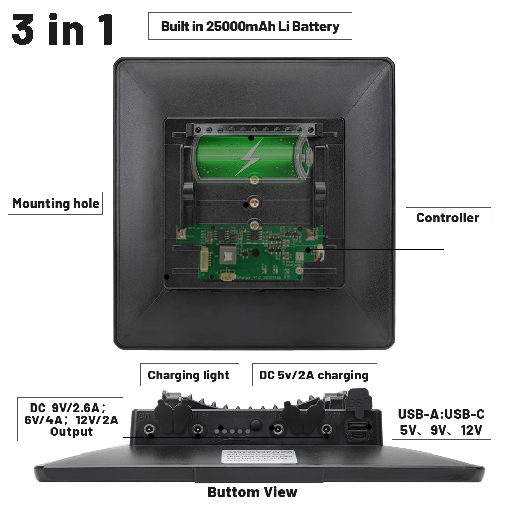 BL25A 10W Solar Panel 12V/9V/6V Output USB 3In1 Port Outdoor Portable Solar Charger Hunting Trail Camera 25000mAh Charging Kit