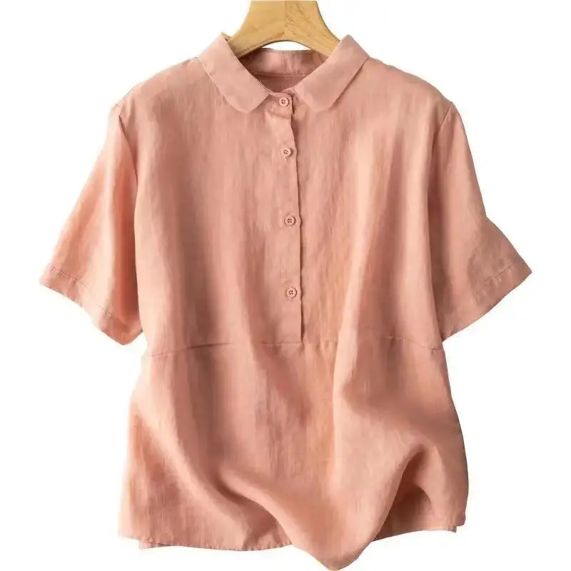 

2022 new cotton Summer Women Shirt Loose Casual Short Sleeve Peter Pan Collar Patchwork linen Tops Vintage Female Blouse Big