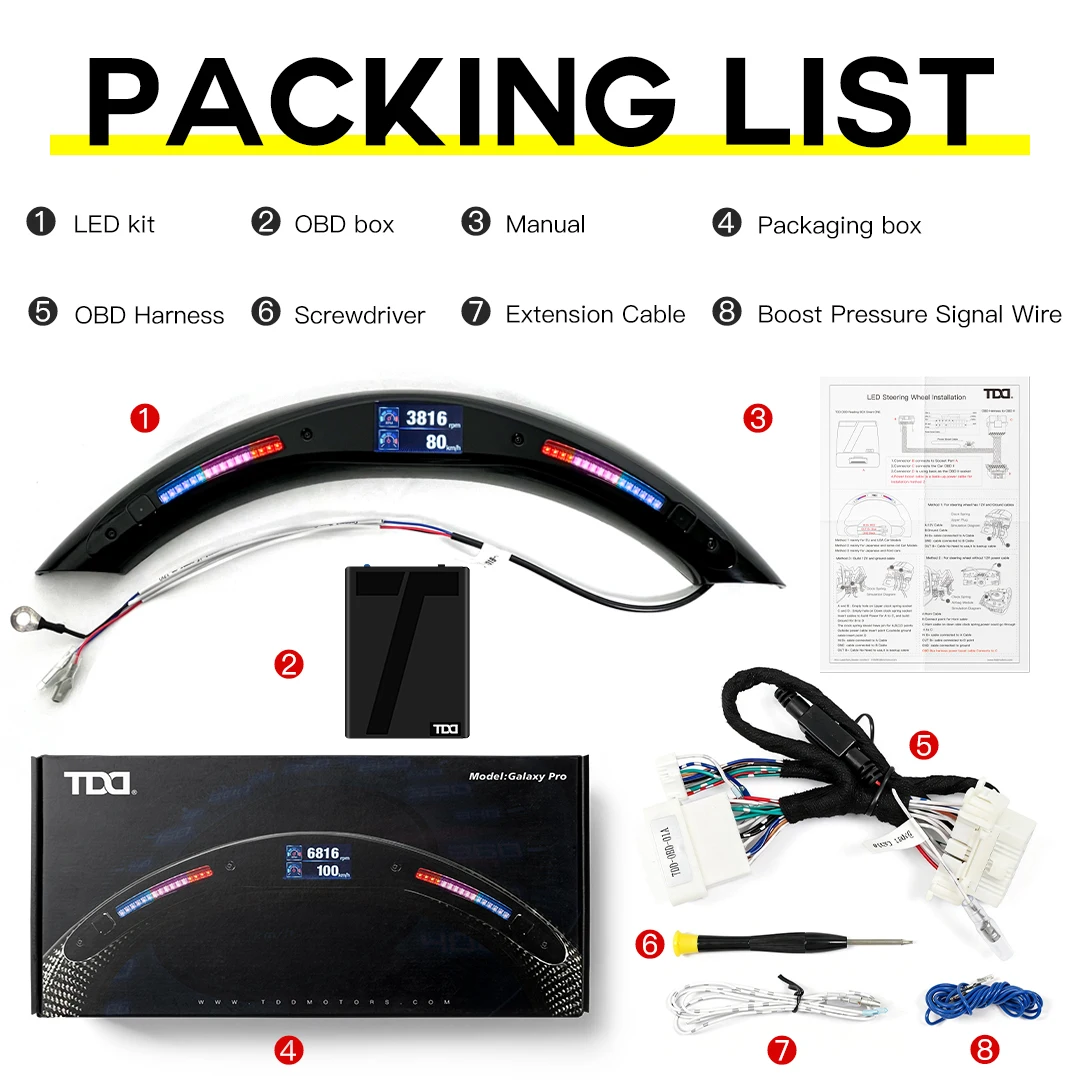 TDD 갤럭시 프로 II LED 디스플레이 키트 스티어링 휠 키트 범용 지능형 운전 데이터 스크린 (8가지 테마, 다이내믹 UI 테마 포함)
