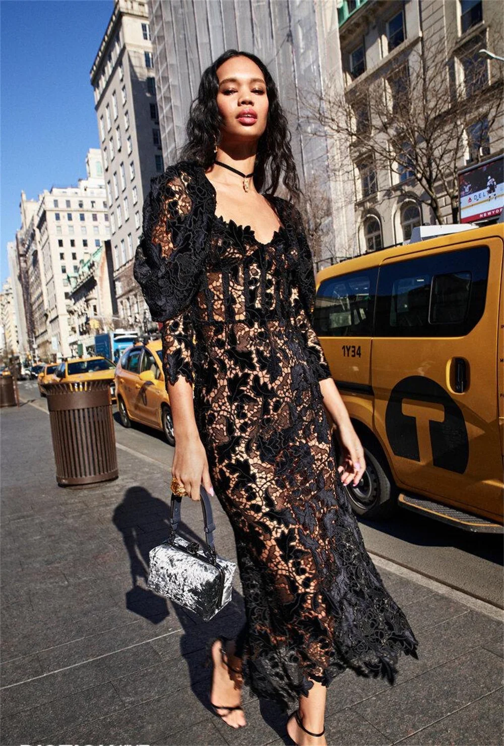 

Black Sexy V Low Cut Slimming Long Dress 2023 Rayon Pleated Puff Long Sleeve Lace Celebrity Party Party