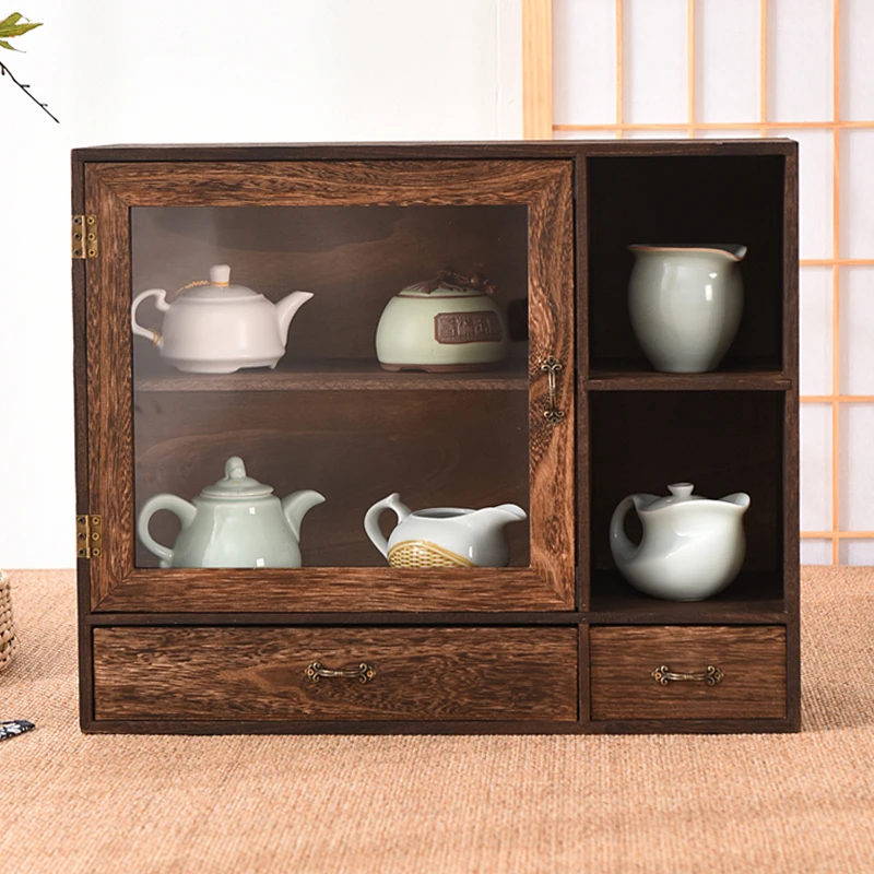 Solid wood dustproof desktop storage box modular detachable cosmetic shelf tea set organizer tea cup holder bookcase teapot latt 4