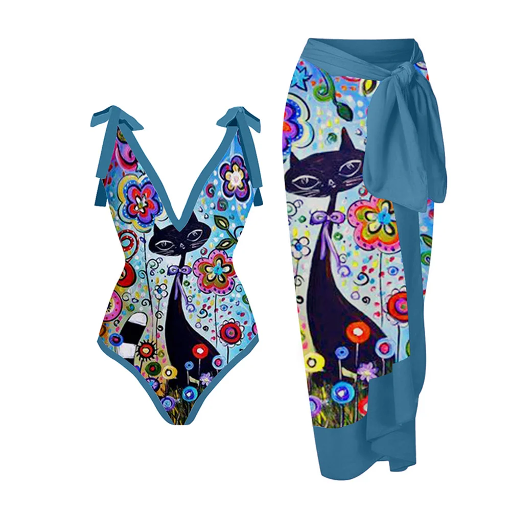 

Fashion Deep-v One-piece Swimsuit and Cover Up Sexy Floral-print Bikini Set Summer Swimming Biquini Women Beachwear Bathing Suit