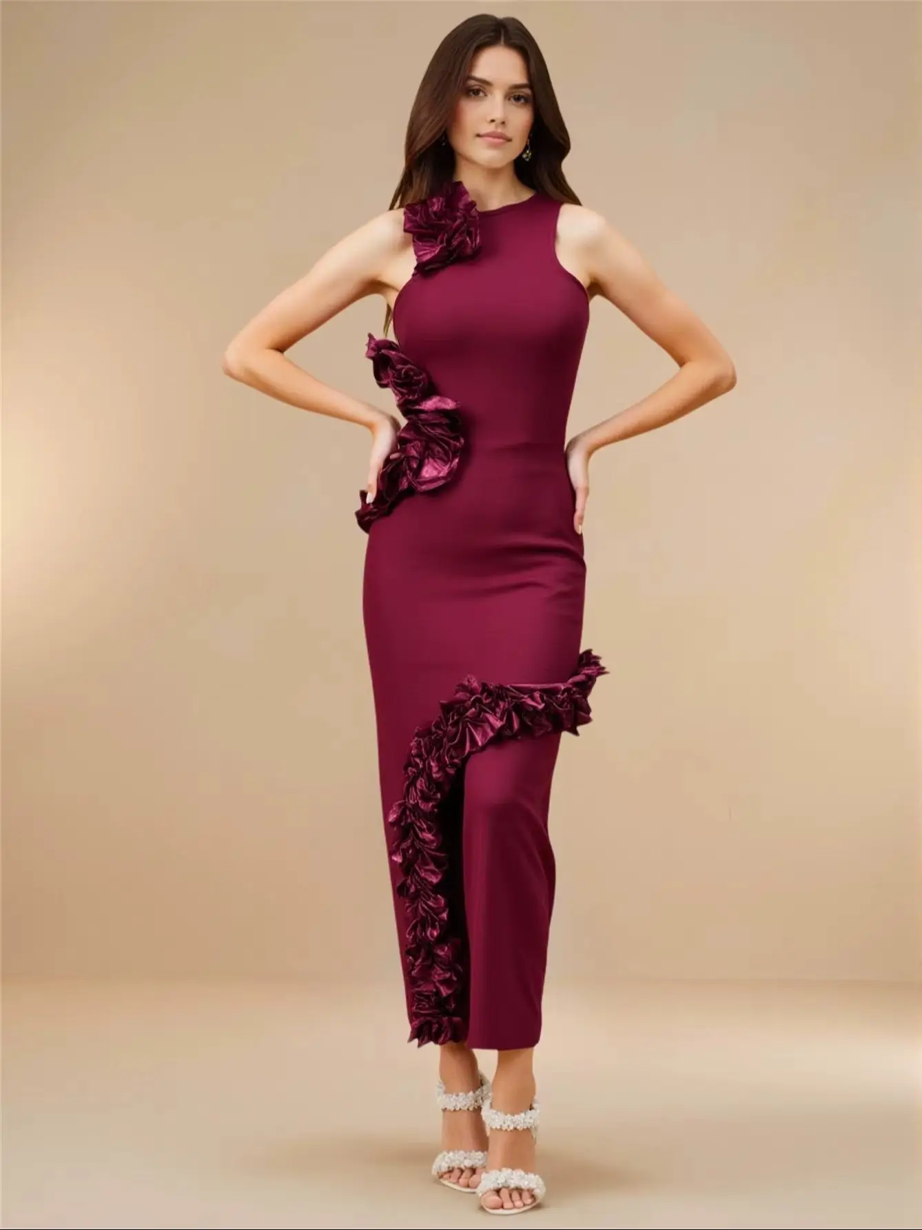 فستان حفلات طويل كشكش أحمر نبيذي