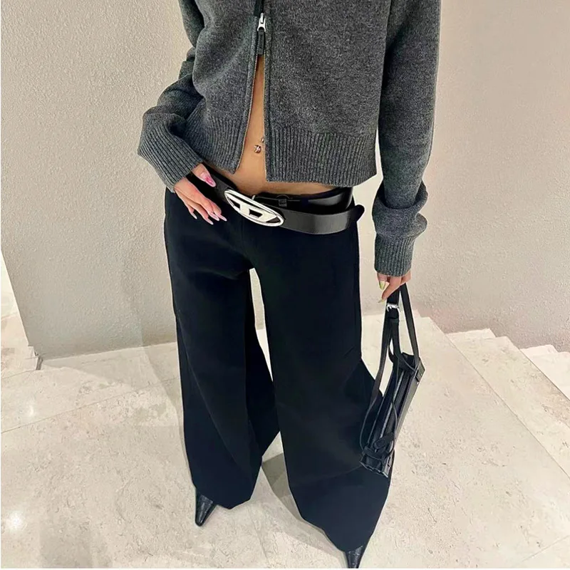 

Ladies Mid Waist Black Wide Leg Trousers Fax Copy Express Wide Leg Pant Fashion Polyester Blend Twill Trousers Women Casual Pant