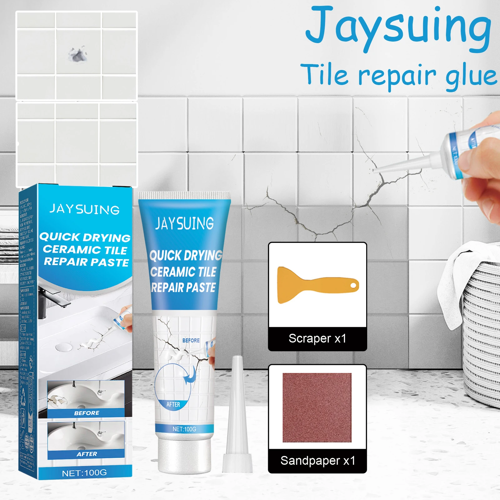 Jaysuing Ceramic Tile Repair Adhesive for Bathtub Furnitute Strong Sealing Quick Drying Dustproof Waterproof Ceramic Repair Glue