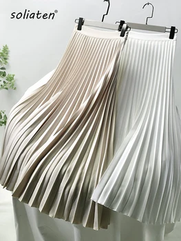تنورة نسائية عالية الخصر مطوي ، أنيقة ، أحادية اللون ، مرنة ، أنيقة ، فاخرة ، الموضة ، مصمم العلامة التجارية ، الربيع ، الخريف ، أنثى ، 1