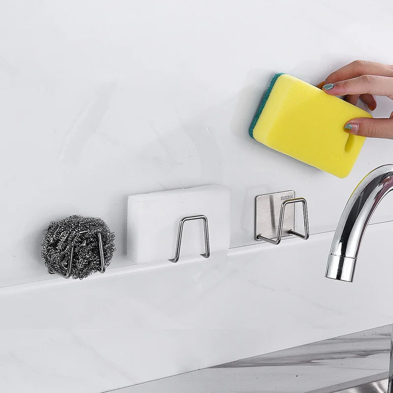 Silver 304 Stainless Steel Sink Sponge Holder, Wall Mounted Kitchen & Bathroom Organizer Rack Rustproof