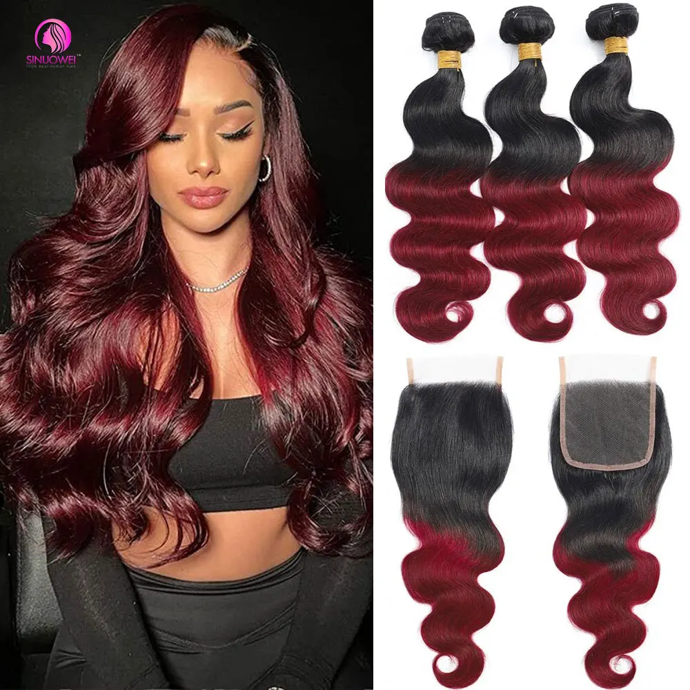 1B/99j Body Wave Bundles With Closure 100% Human Hair 3/4 Bundles Brazilian Virgin Hair Bundle Colored Extensions For Wome