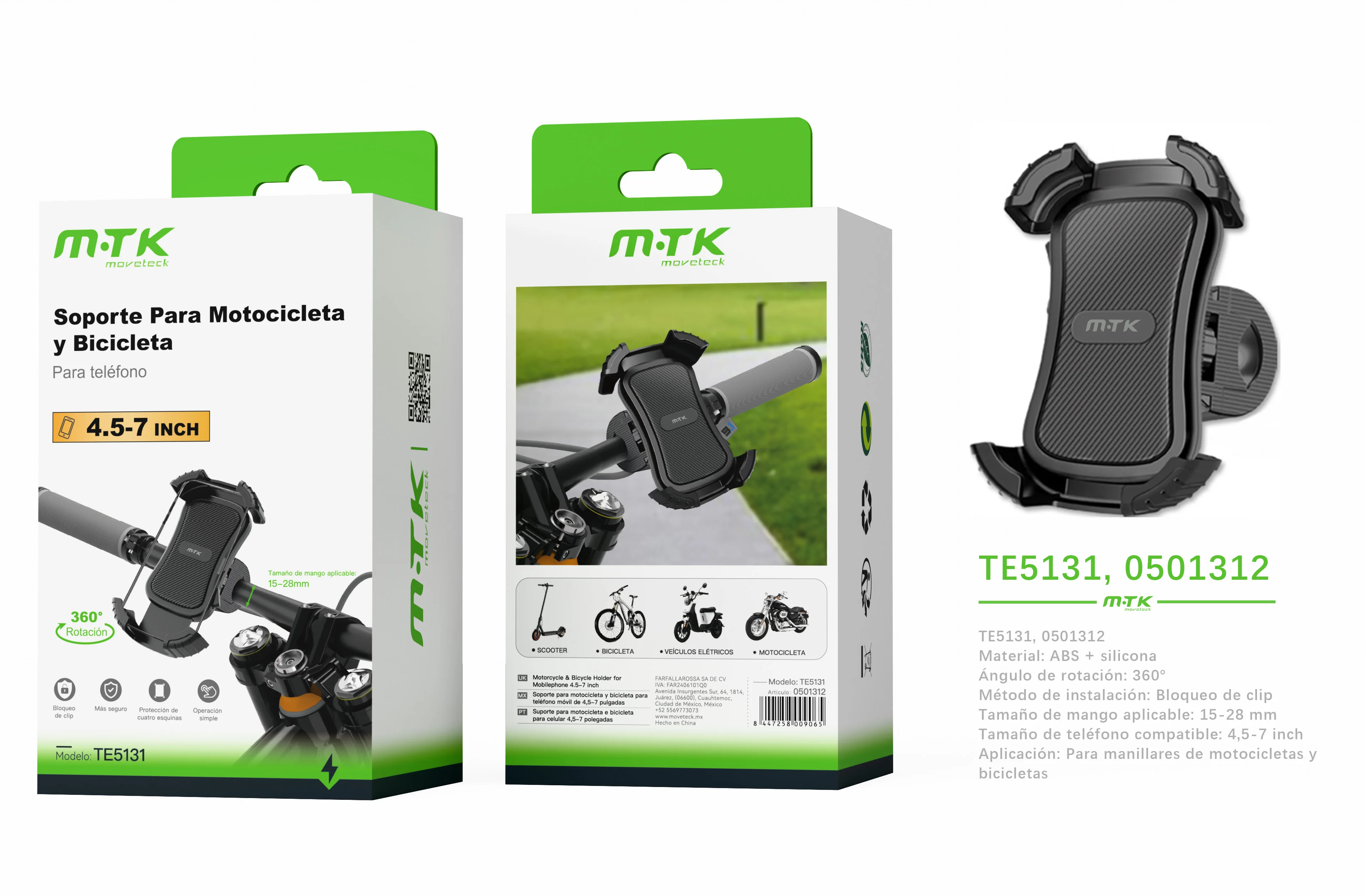 Motorcycle/Bicycle Mount with One-Touch Lock, Anti-Vibration and Non-Slip Eva, 360 Rotation ° Quick Installation on Handlebars (18-28mm), Compatible with 4.5-7 Inch Phones and Thick Cases – Ideal for Motorcycles, Scooters and Bicycles