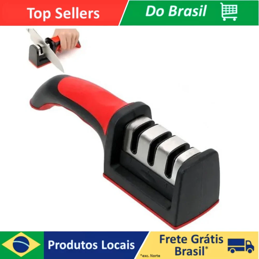 Amolador Afiador de Facas Para Cozinha em Inox Com 3 Afiadores Profissional