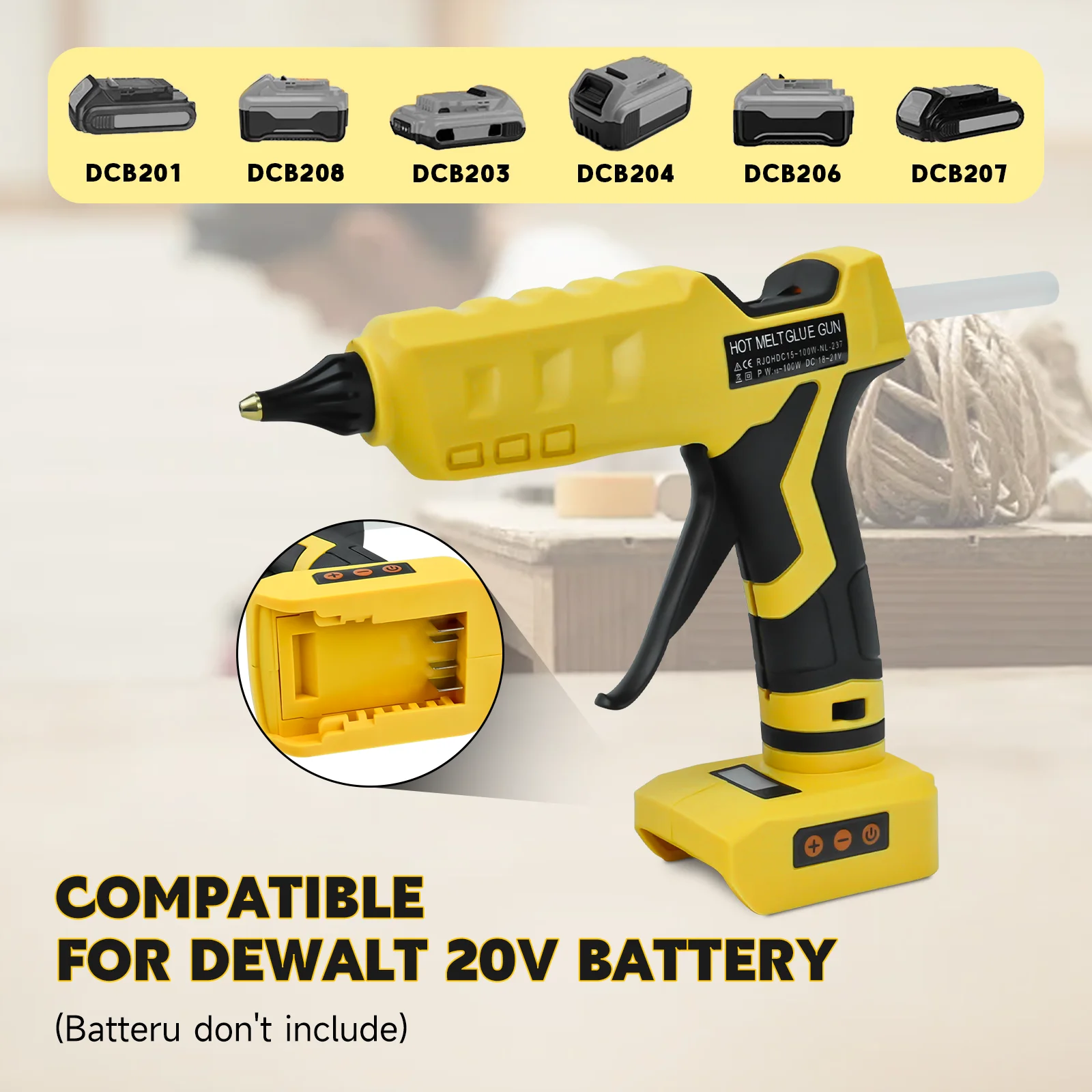 100W hot glue gun 200℃ max temp adjust dual power supply glue gun with 10pcs 11mm sticks for Dewalt 20V battery(No battery)
