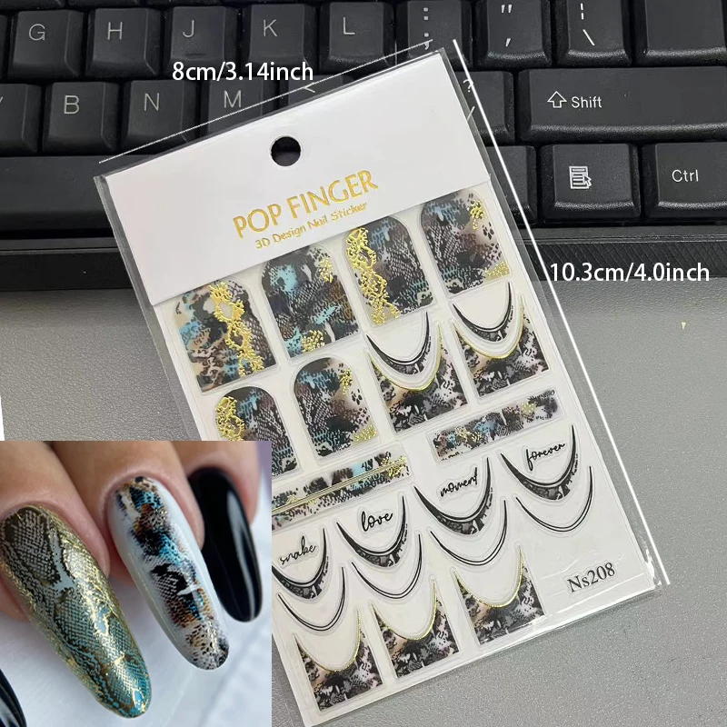3D Embossed Snake Nail Stickers Black Self-Adhesive Snake Nail Art Stickers Decals Supplies Horror Snakeskin Nail Slider Decor 3