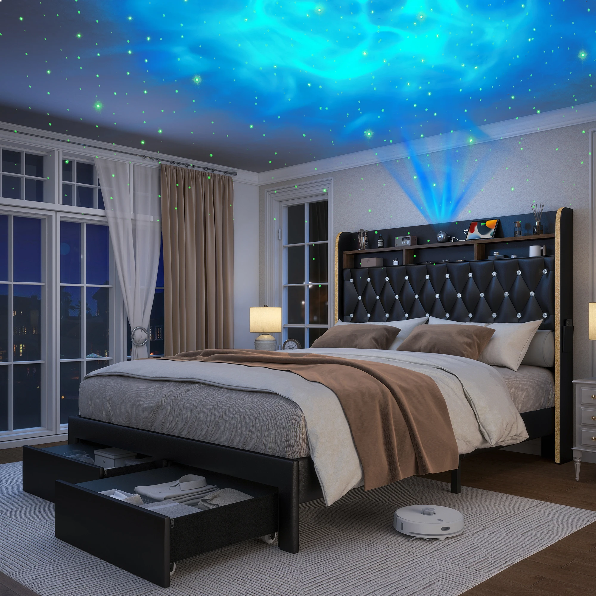 LED Bed Frame with Storage Drawers, Star Projector, Charging Station & Speaker 1