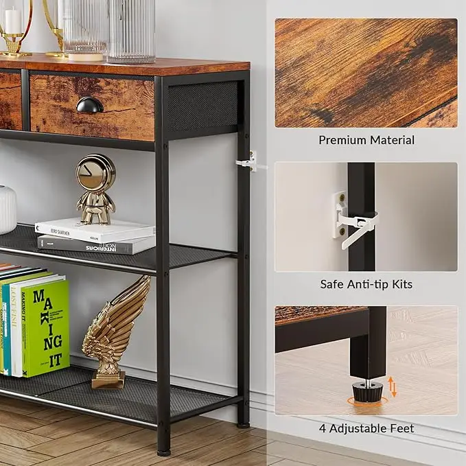 38" Console Sofa Table with 3 Fabric Drawers - Industrial Design with Storage Shelves - Rustic Brown Finish 6