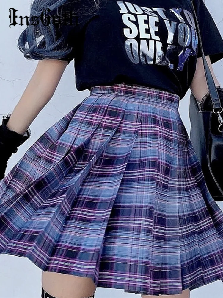 InsGoth Harajuku JK Mini Skirts Gothic Punk High Waist Purple Plaid Pleated Sexy Skirts Japanese Korean Hipsters JK Skirt SUmmer wd purple 2tb wd20purz