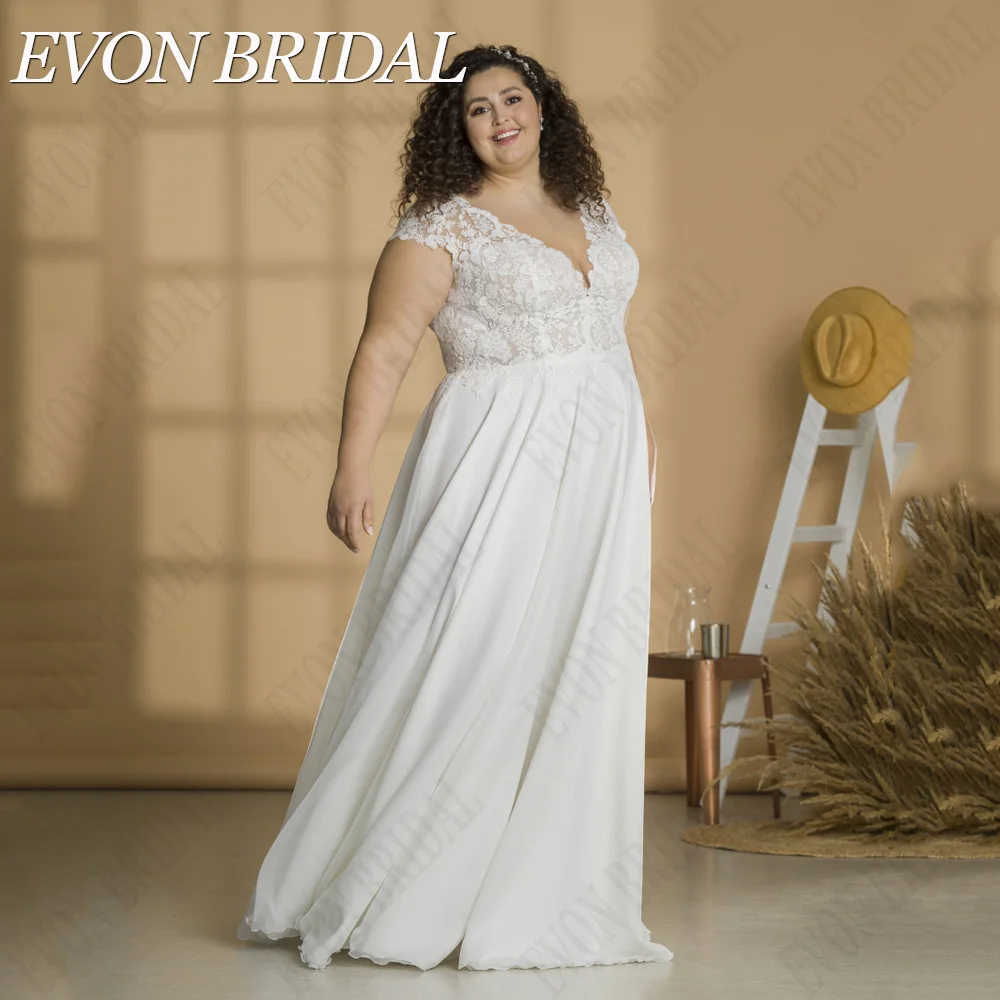 

EVON BRIDAL Classic Cap Sleeves Wedding Dress 2024 Plus Size Double V-Neck Chiffon A-Line Applique Civil vestidos de novia