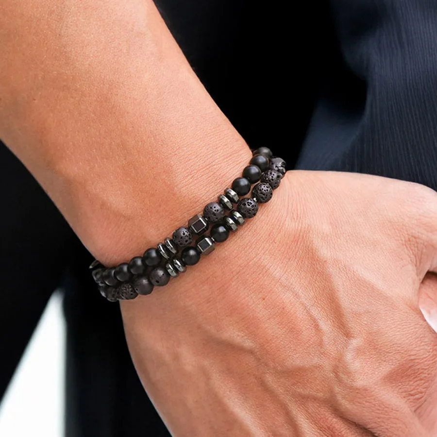 Mens Turquoise Hematite Volcanic Rock Bracelet Set