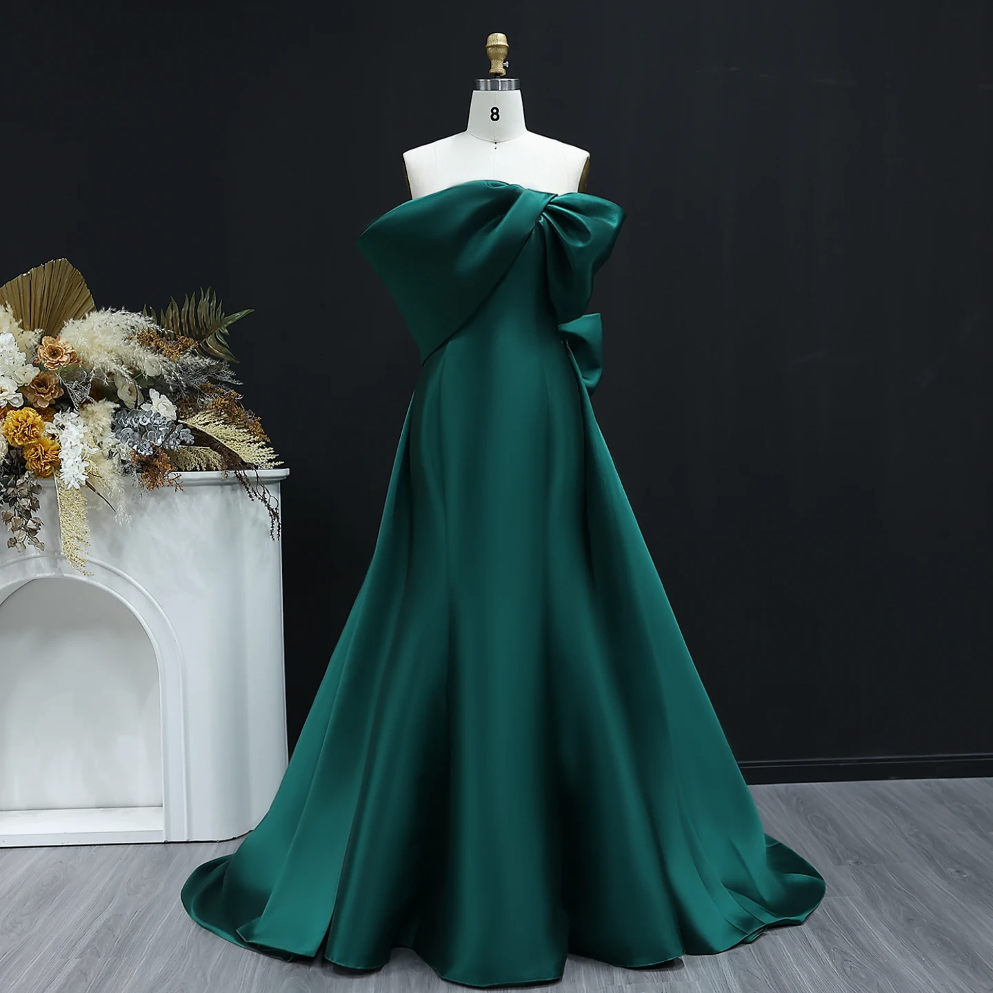 green emerald velvet dress Elegant Emerald Green Off the-Shoulder Satin Dress with slit – FancyVestido main image 1