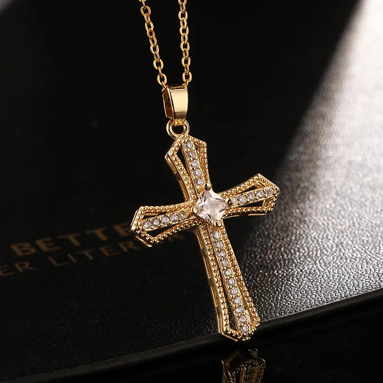 Delicate Luxurious Gold Color Cross Zircon Pendant Necklace For Women 2022  New Fashion Jewelry Gift 18K Gold Plated Copper Alloy