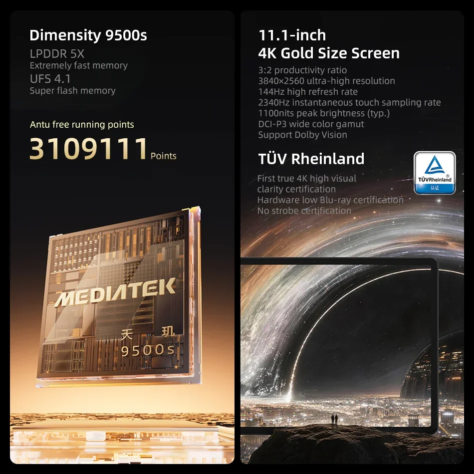 새로운 레노버 리전 Y900 미디어텍 디멘시티 9500s 11.1인치 4K 144Hz 디스플레이 와이파이 11000mAh 배터리 안드로이드 태블릿
