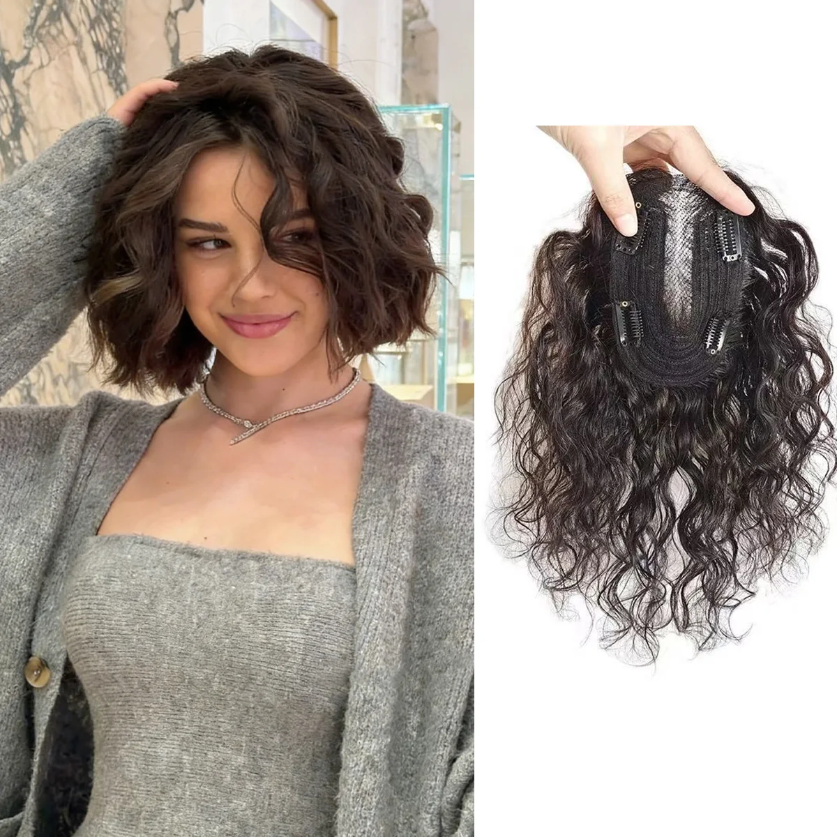 Topper per capelli umani 100% veri, versione migliorata 9x14 cm, onda d'acqua con clip invisibili, base annodata a mano, leggero e facile da indossare per donna