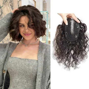 Topper per capelli umani 100% veri, versione migliorata 9x14 cm, onda d'acqua con clip invisibili, base annodata a mano, leggero e facile da indossare per donna