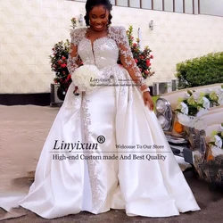 Vintage Arabic Satin Mermaid Wedding Dress 2023 Lace Beaded Pearls Aso Ebi Bridal Gowns Sweep/ Brush Train vestidos novias boda