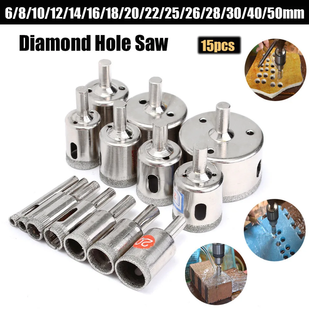 15PCS 6 50mm Diamond Coated Core Drill Bit Tile Marble Glass Ceramic