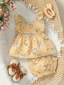 Baby Girls Cute  Autumn Chrysanthemum printed sleeveless summer leisure two-piece set 1