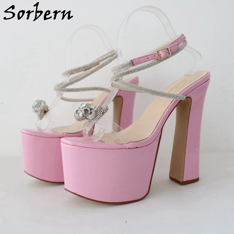Sorbern Pink Block High Heel Women Sandals Crystal Ankle Straps Bowknot  Slingback Thick Platform Chunky Heels 16cm Shoes Custom - AliExpress