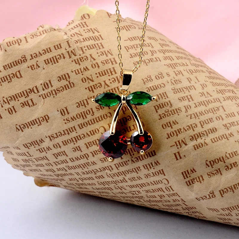 Cherry Pendant Necklace With Red Zircon And Elegant Korean Style_voghion.com