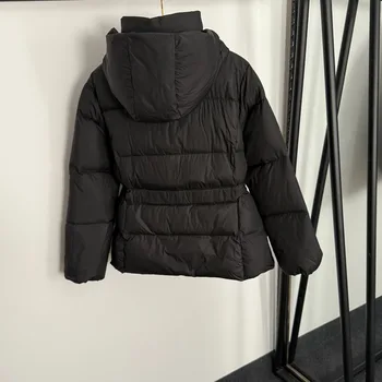 2025 Autumn and Winter Women New Chest Logo Letter Long Sleeve Hooded Cotton Jacket with Belt Detachable Hat off White Black 1