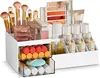 Multi-drawer makeup organizer. White plastic design for brushes and cosmetics. Fits countertops or vanities. 1