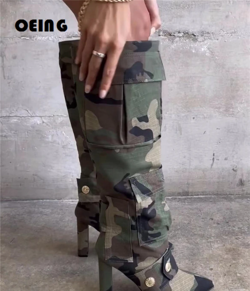 

Fall Winter Women Camouflage Pocket Boots Female Sexy Pointy Toe Chunky Heels Knee High Boots Women Shoes Zapatos De Mujer