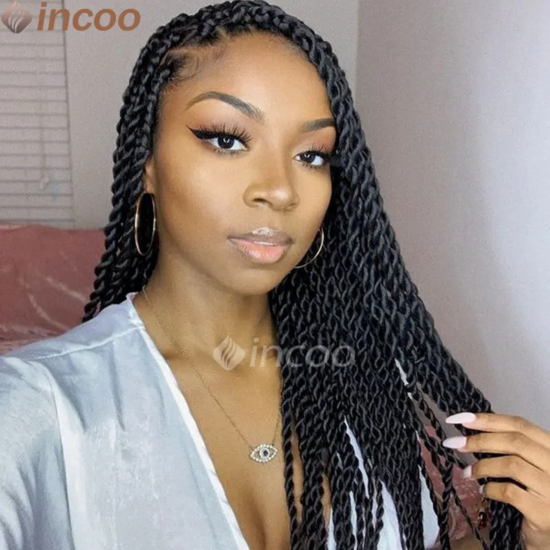 Black Twist Braided Full Lace Wigs for Women Lace Front Medium Senegalese Twist Braids Wig Synthetic Braid Lace Wig with Plaits