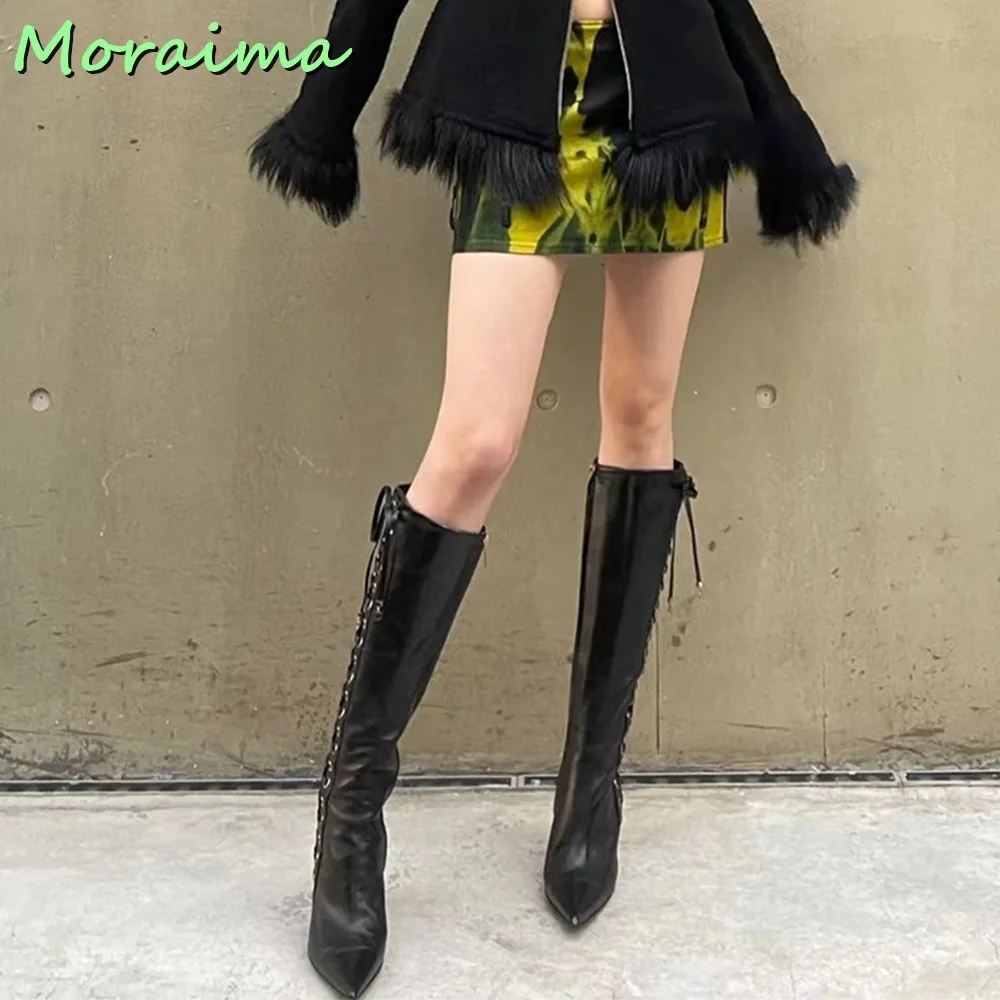 Side Lace-Up Pointy Toe Long Boots Diamond Pattern Vintage Women Shoes Knee High Side Zipper Stiletto Heel Black Solid Leather