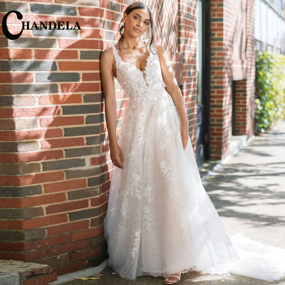 

CHANDELA Elegant Wedding Dresses Scoop A-Line Pleat Lace Appliques Formal Bridal Gown Vestido De Casamento Customised For Women