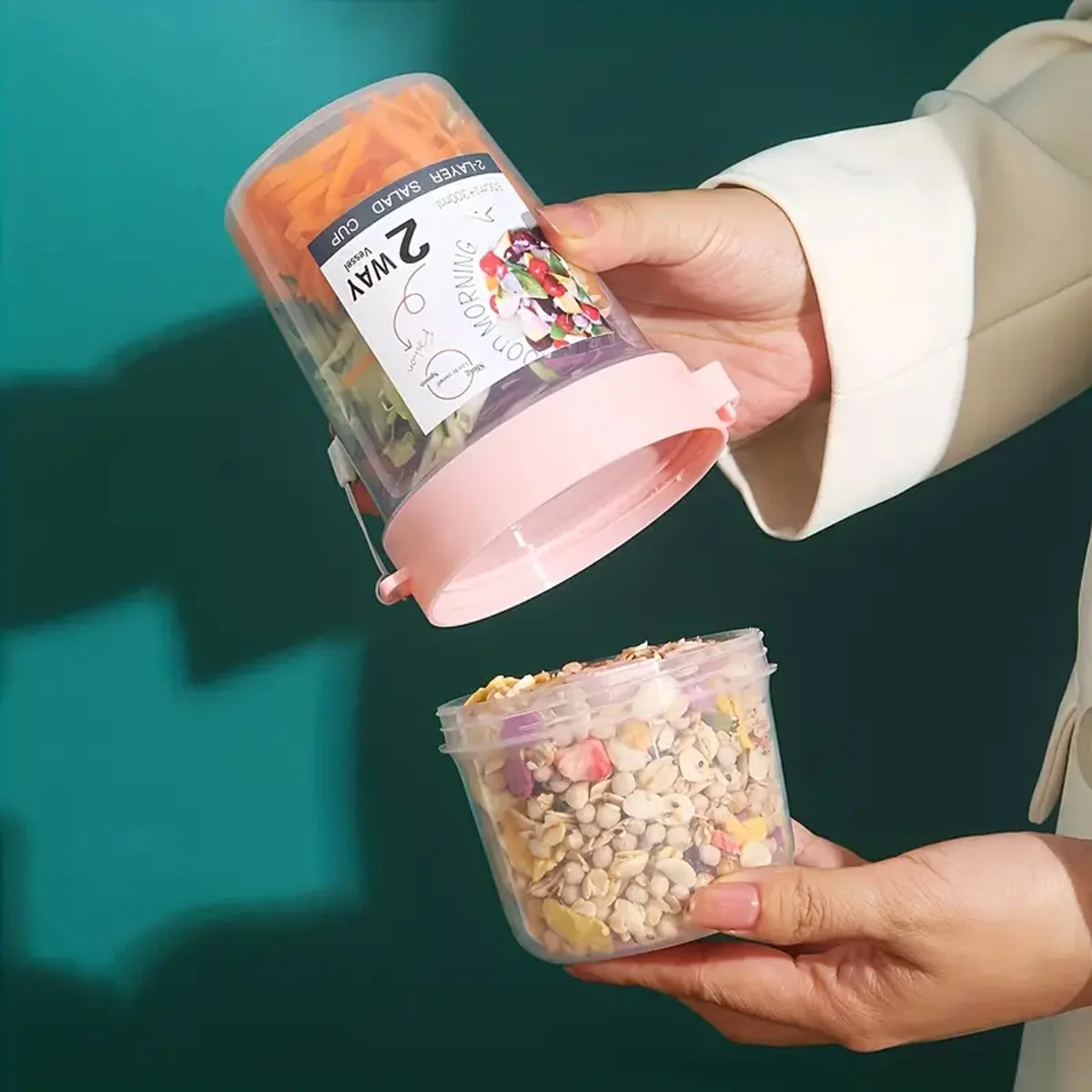 1pc Portable double layered salad cup with spoon, fruit, oats, travel, breakfast cup, salad lunch box, and travel accessories