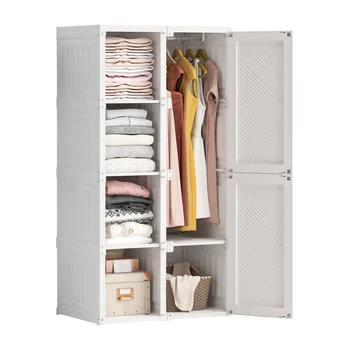 Armadio armadio portatile con asta sospesa, organizzatore di stoccaggio cubo armadio camera da letto con porta, PP, bianco 1