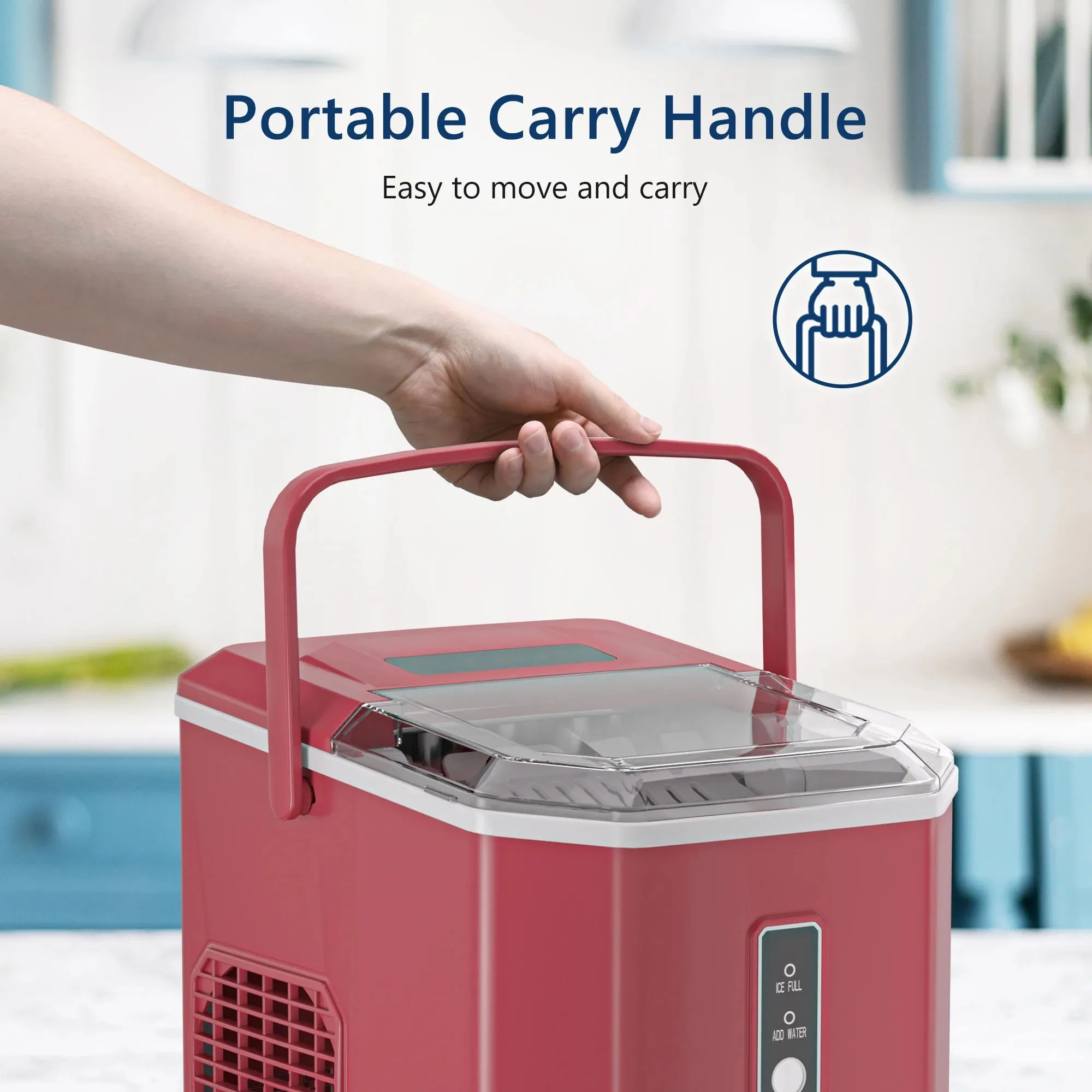 Euhomy Ice Maker Countertop , 26.5 lbs/24H, 9 Cubes in 6 Mins,Self-Cleaning, Portable Ice Maker with Handle for Home,Red