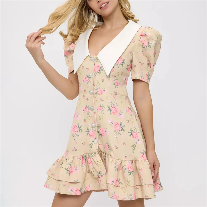 Floral Puff Sleeve Mini Dress V-Neck Ruffled Hem & Pearl Button Detail