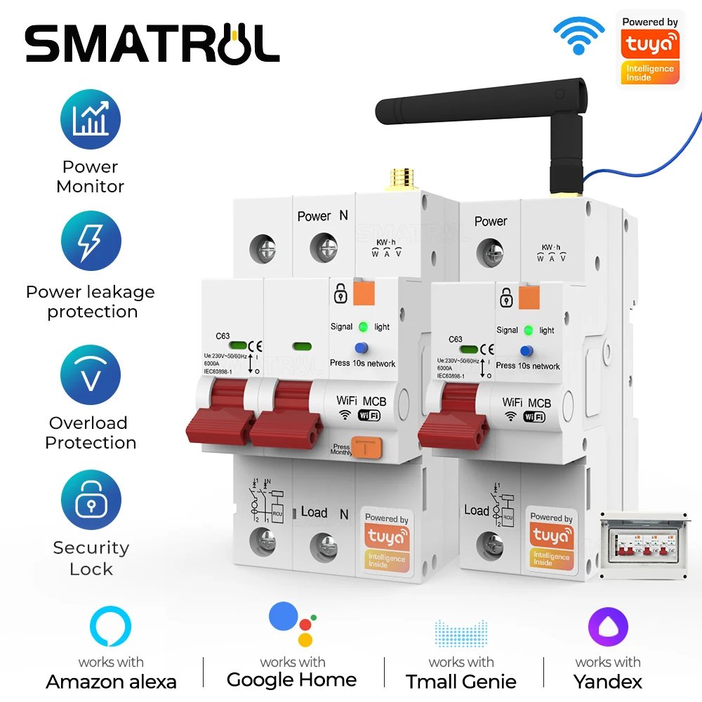 Smatrul-tuya Wifi Disjuntor Inteligente Proteção contra Curto-circuito Cronometrado Interruptor de Recuperação Controle Remoto 63a