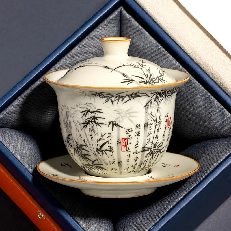 Bamboo Ru Yao Porcelain Gaiwan Set For Tea Tureen Teaware Cup Chinese Yellow Ceramic Opening Tea Bowls Chawan Ceramony Lily