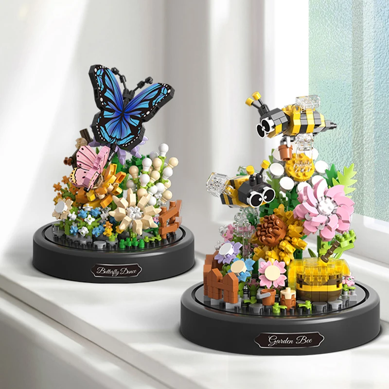 BeeButterflyFlowerBonsaiBuildingBlocksInsectPlantPottedModel