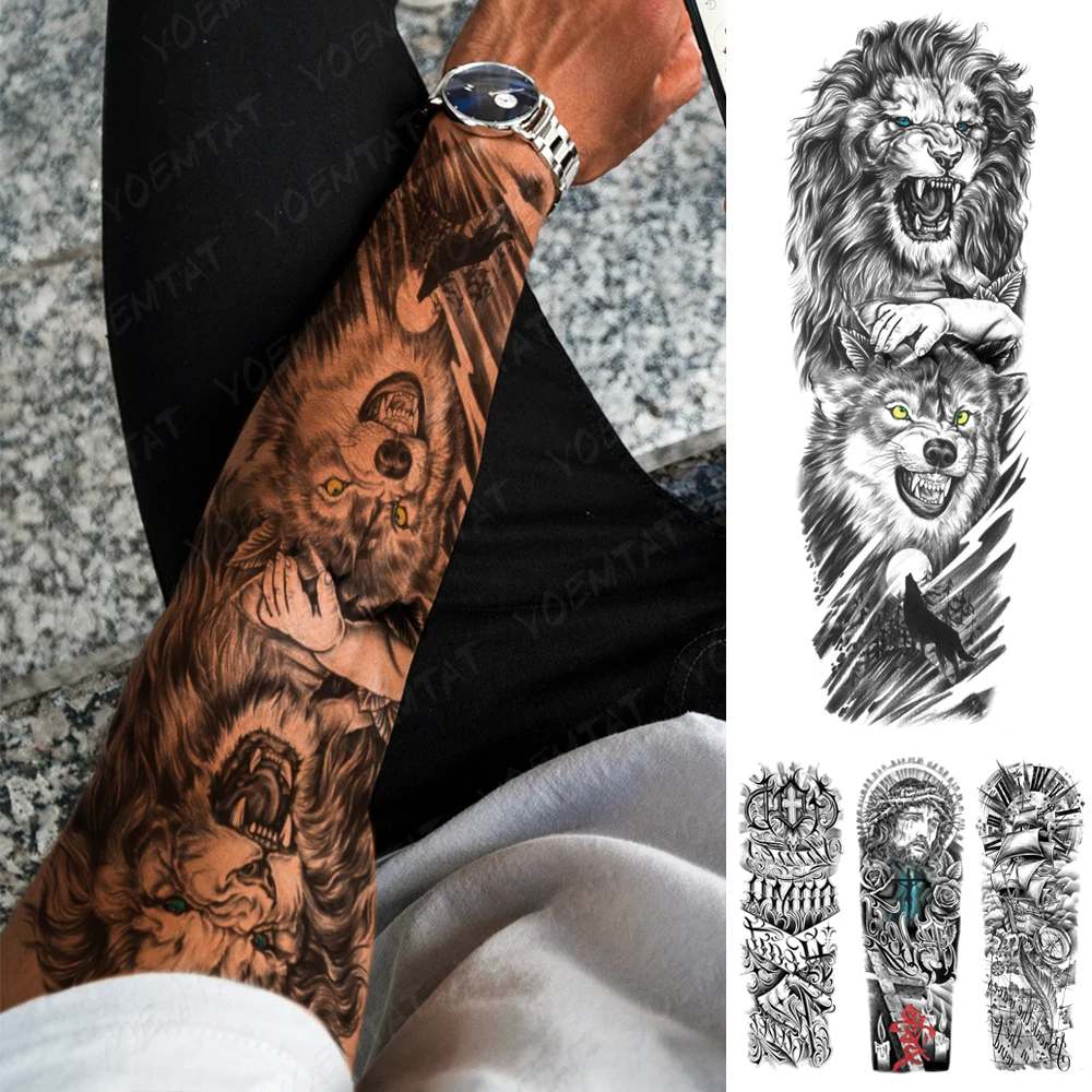 

Full Large Arm Sleeve Tattoo Waterproof Temporary Tattoos Sticker Tiger Wolf Moon Eyes Kids Men Body Art Animal Fake Tatoo Women